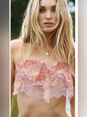 Victoria's Secret Pale Pink orange yellow Lace Bandeau Bralette -Straps Missing!